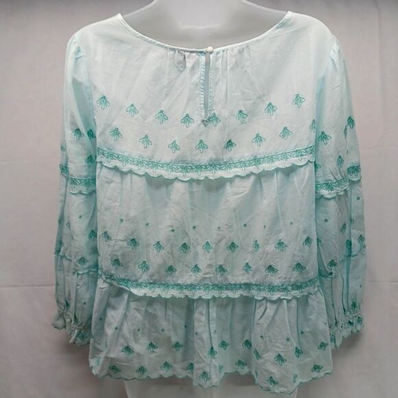 KAARI BLUE Embroidered Tiered Ruffle Trim Peasant Blouse Women's L. 100% Cotton. - Picture 6 of 12